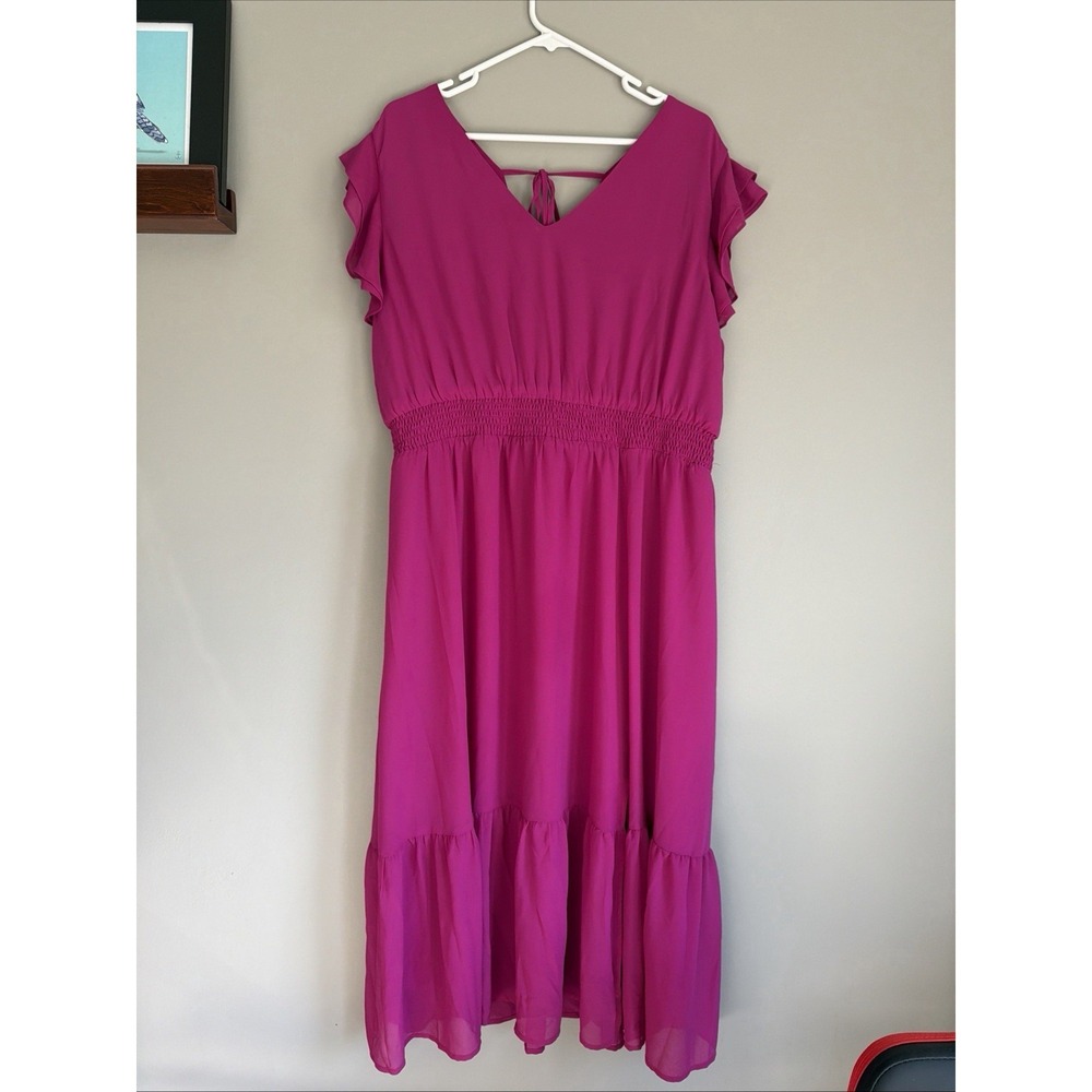 Pink Fuschia Grace Karen 2XL Ruffle Long VNeck Dress